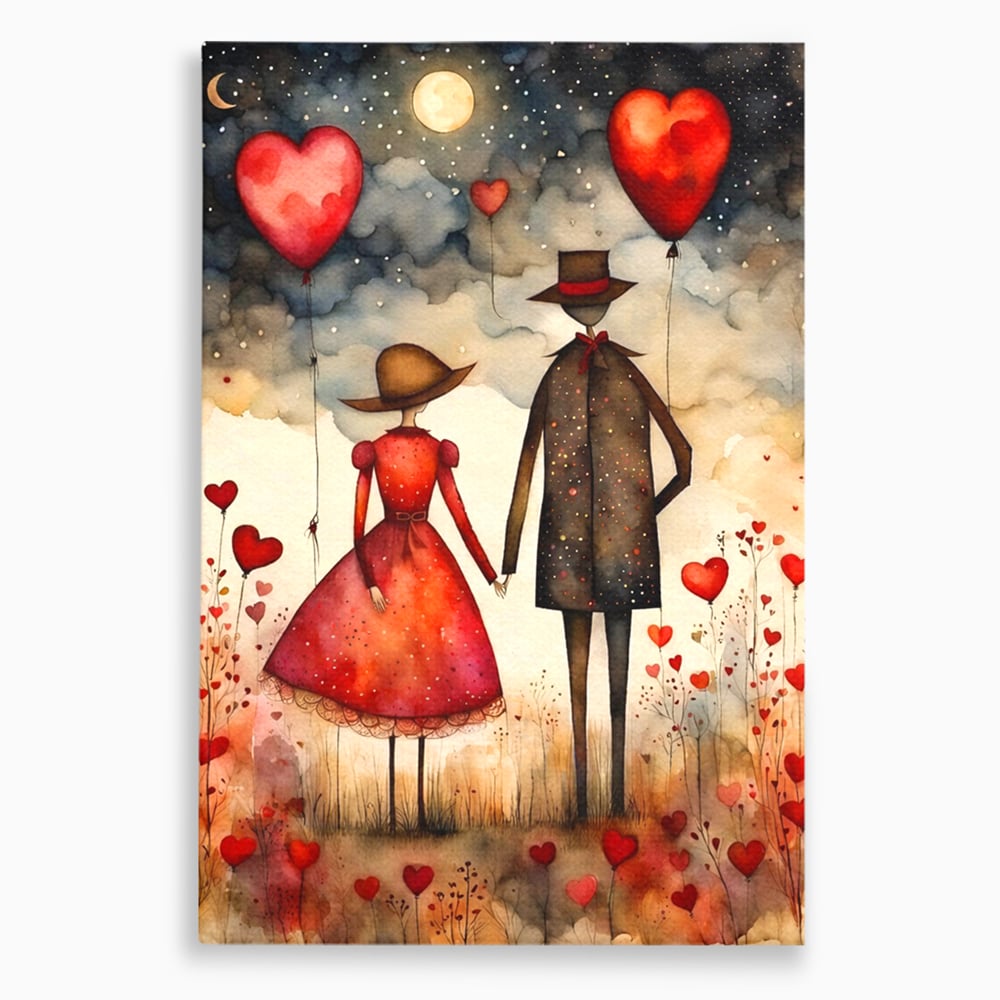 Tablou canvas cu ilustratie cu cuplu si baloane rosii in forma de inima, fara rama, pe sasiu de lemn