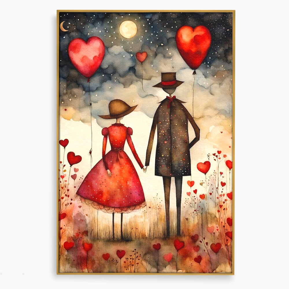 Tablou canvas cu ilustratie cu cuplu si baloane rosii in forma de inima, in rama de aluminiu auriu