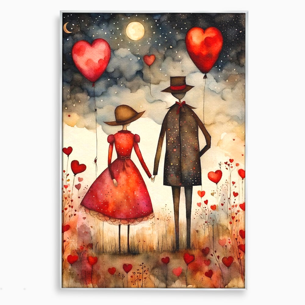 Tablou canvas cu ilustratie cu cuplu si baloane rosii in forma de inima, in rama de aluminiu argintiu