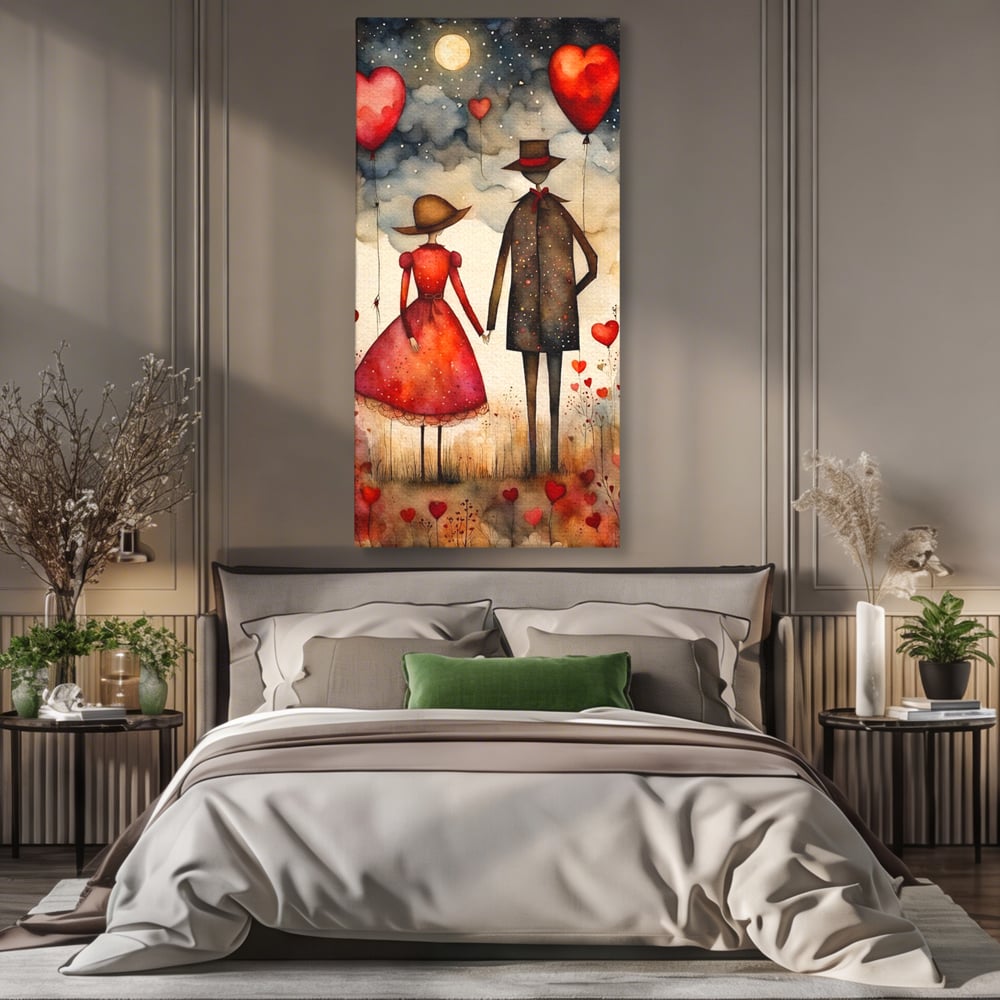 Tablou canvas cu ilustratie cu cuplu si baloane rosii in forma de inima, fara rama, pe sasiu de lemn, pe perete intr-un dormitor