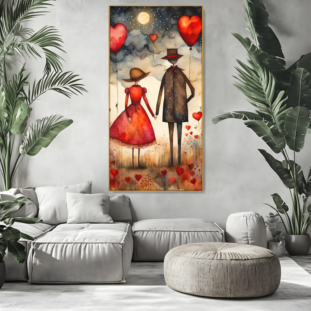 Tablou canvas cu ilustratie cu cuplu si baloane rosii in forma de inima, in rama de aluminiu auriu, pe perete intr-un living