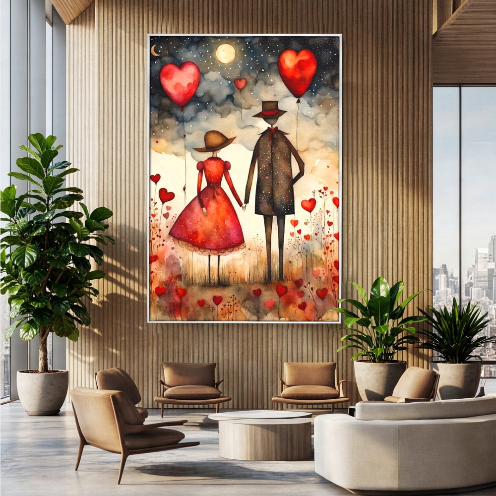 Tablou canvas cu ilustratie cu cuplu si baloane rosii in forma de inima, in rama de aluminiu argintiu, pe perete intr-un birou