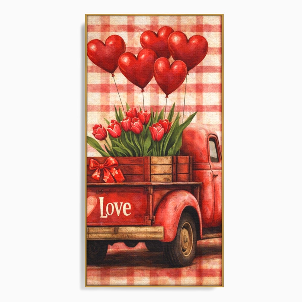 Tablou canvas cu tablou canvas cu un camion rosu vintage, in rama de aluminiu auriu