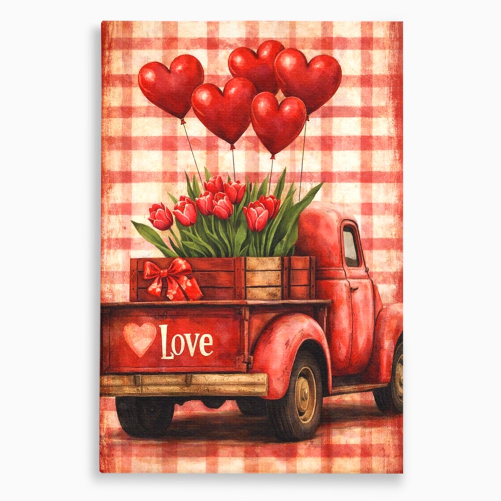 Tablou canvas cu tablou canvas cu un camion rosu vintage, fara rama, pe sasiu de lemn