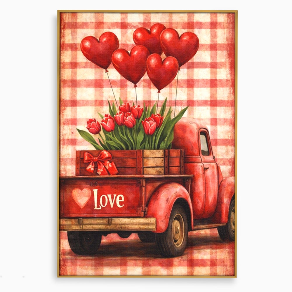 Tablou canvas cu tablou canvas cu un camion rosu vintage, in rama de aluminiu auriu