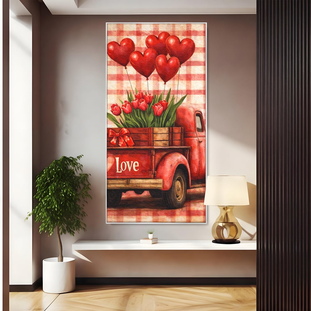 Tablou canvas cu tablou canvas cu un camion rosu vintage, in rama de aluminiu argintiu