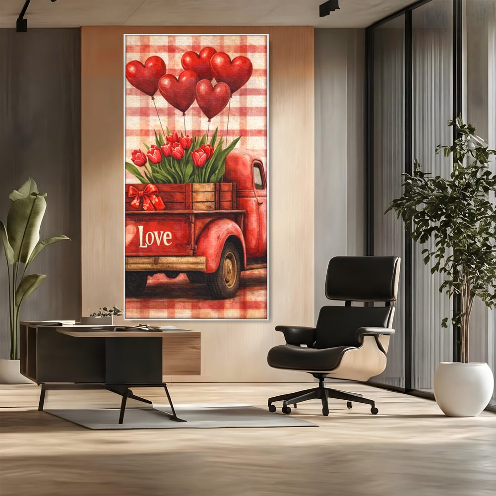 Tablou canvas cu tablou canvas cu un camion rosu vintage, in rama de aluminiu argintiu, pe perete intr-un birou