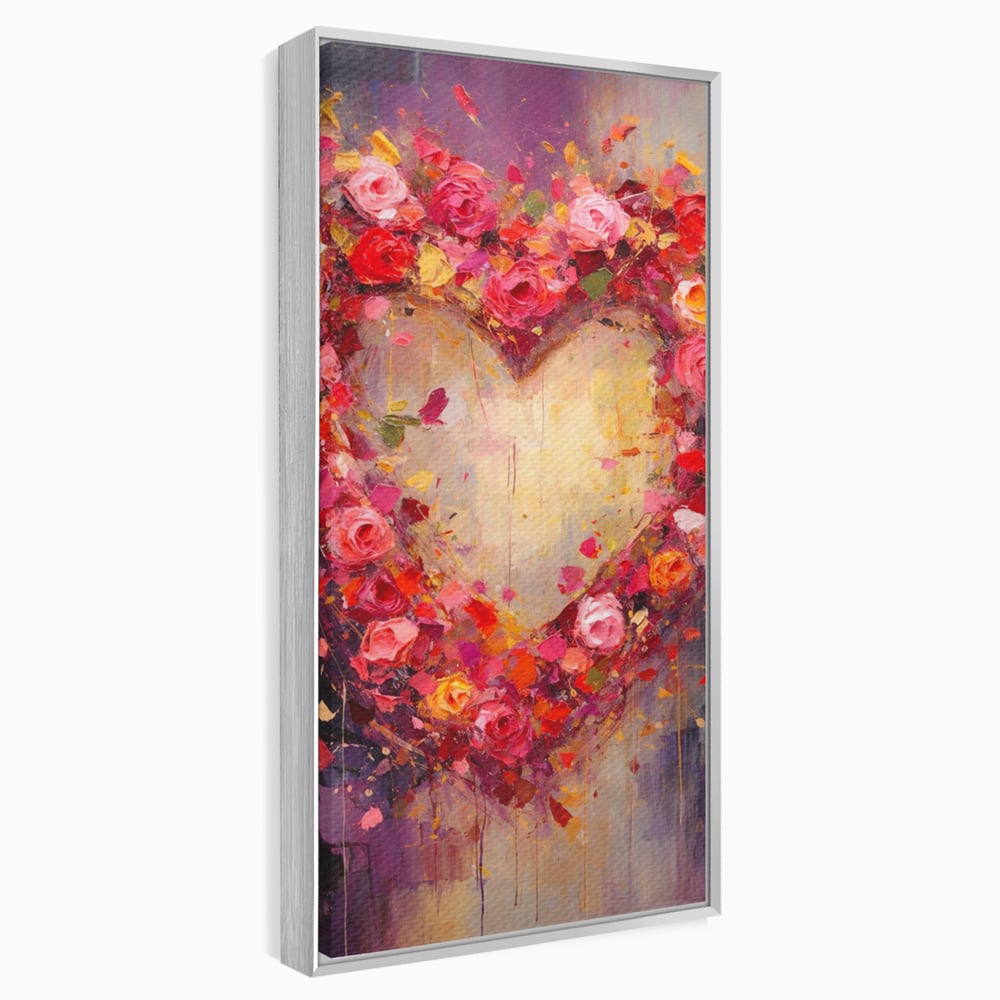 Tablou canvas cu pictura verticala cu inima din trandafiri, in rama de aluminiu argintiu