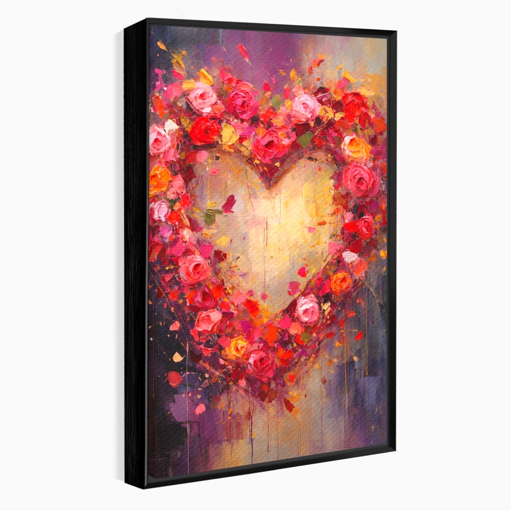 Tablou canvas cu pictura verticala cu inima din trandafiri, in rama de aluminiu negru