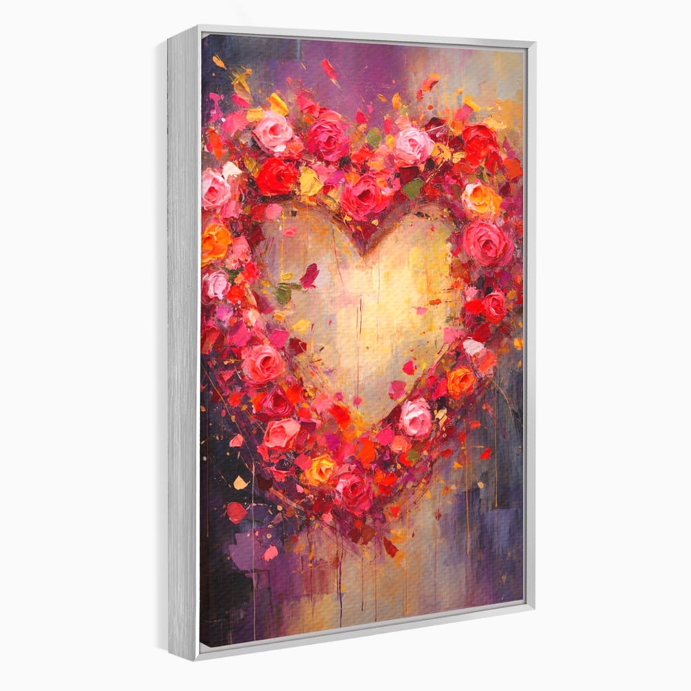 Tablou canvas cu pictura verticala cu inima din trandafiri, in rama de aluminiu argintiu