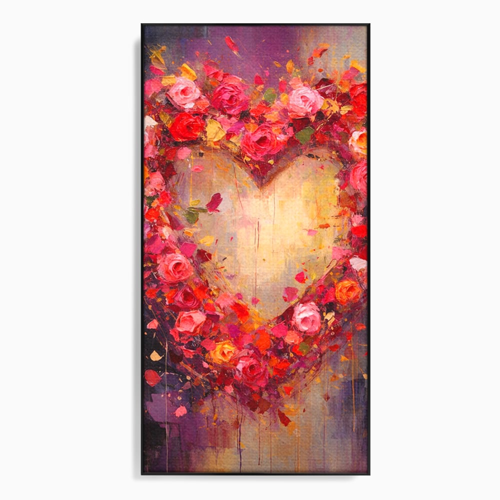 Tablou canvas cu pictura verticala cu inima din trandafiri, in rama de aluminiu negru