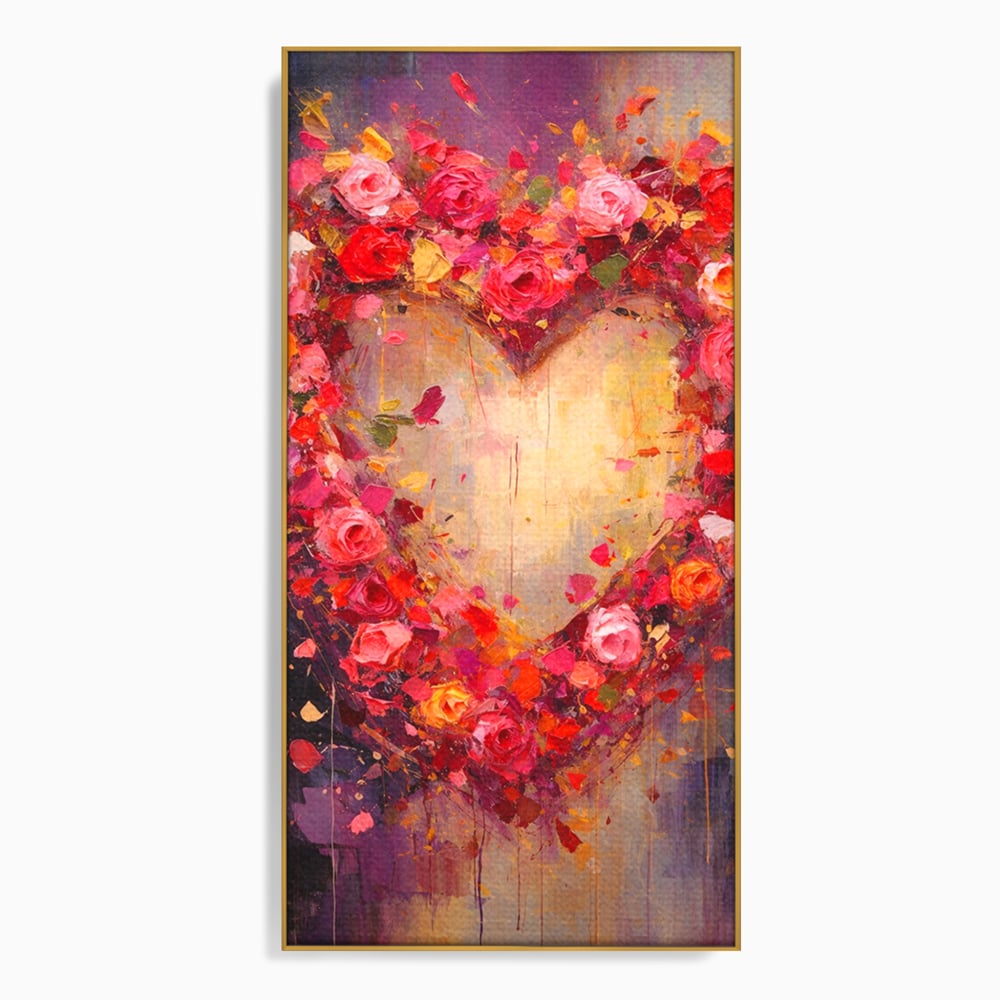 Tablou canvas cu pictura verticala cu inima din trandafiri, in rama de aluminiu auriu
