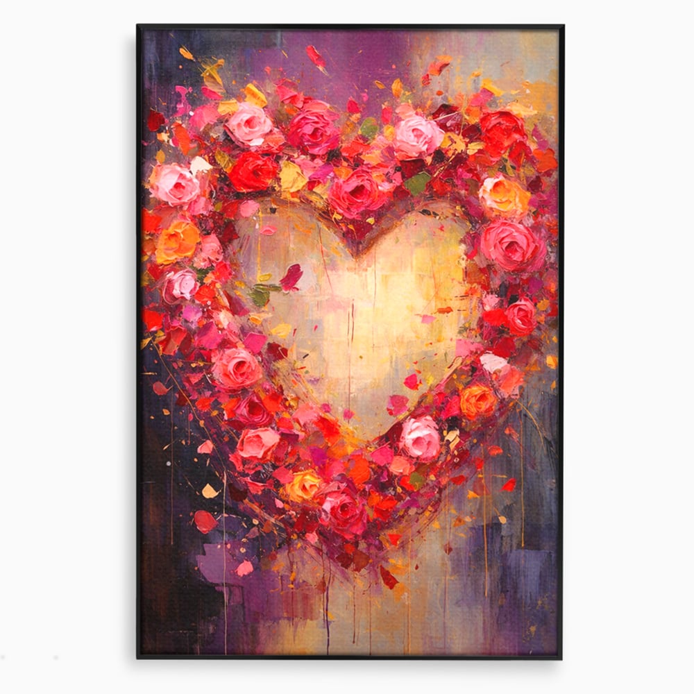 Tablou canvas cu pictura verticala cu inima din trandafiri, in rama de aluminiu negru
