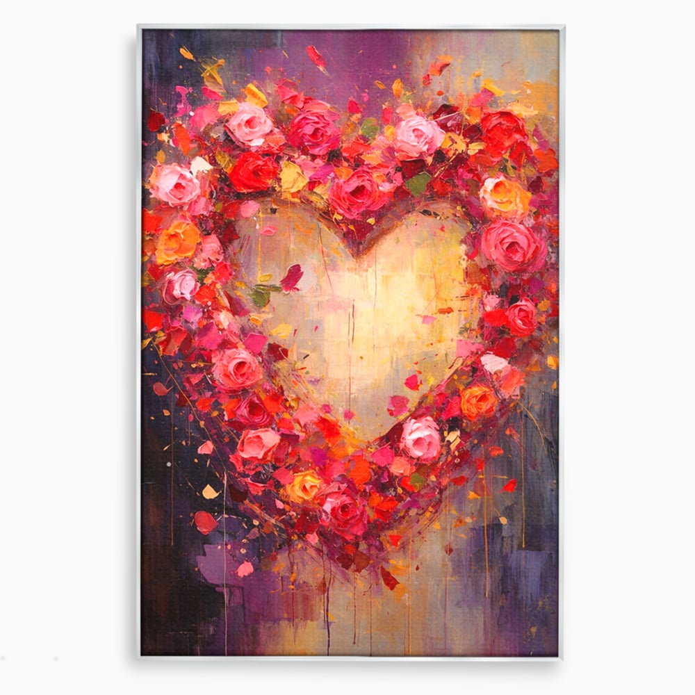 Tablou canvas cu pictura verticala cu inima din trandafiri, in rama de aluminiu argintiu