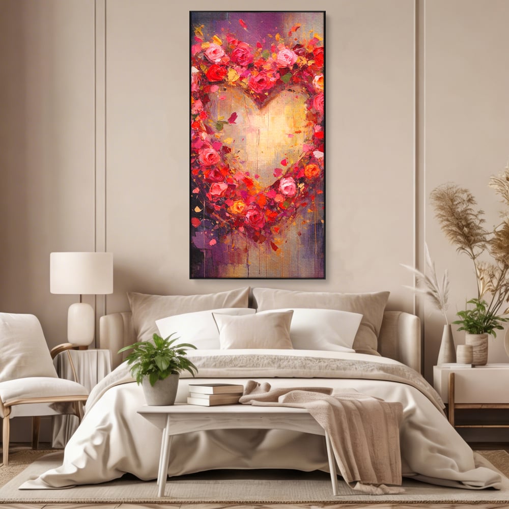 Tablou canvas cu pictura verticala cu inima din trandafiri, in rama de aluminiu negru, pe perete intr-un dormitor