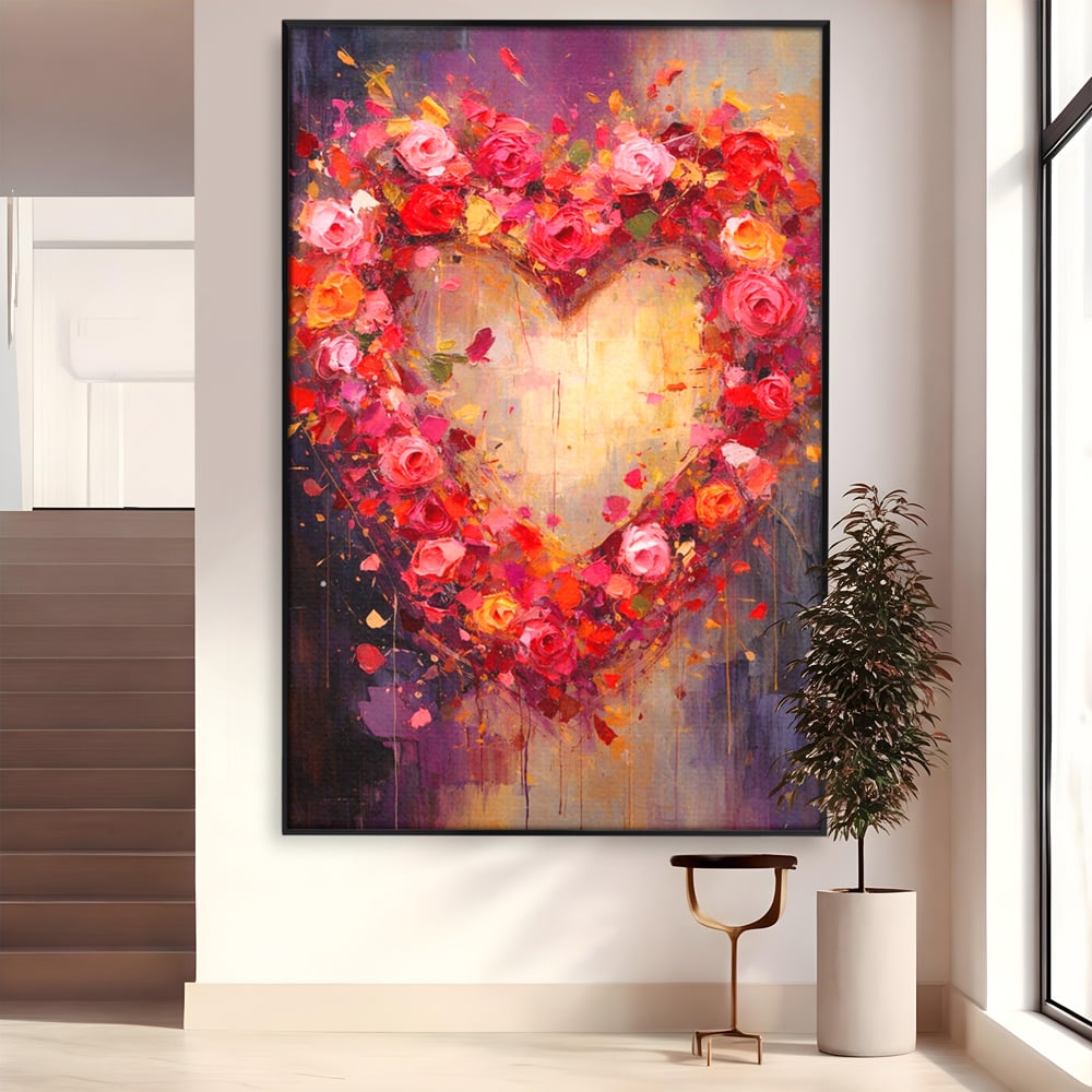 Tablou canvas cu pictura verticala cu inima din trandafiri, in rama de aluminiu negru