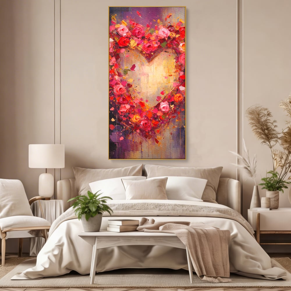 Tablou canvas cu pictura verticala cu inima din trandafiri, in rama de aluminiu auriu, pe perete intr-un dormitor