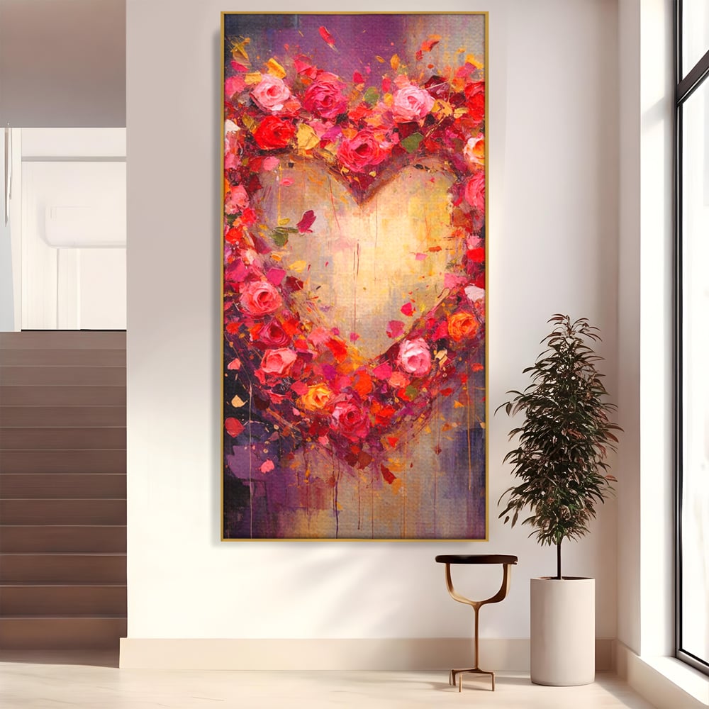 Tablou canvas cu pictura verticala cu inima din trandafiri, in rama de aluminiu auriu