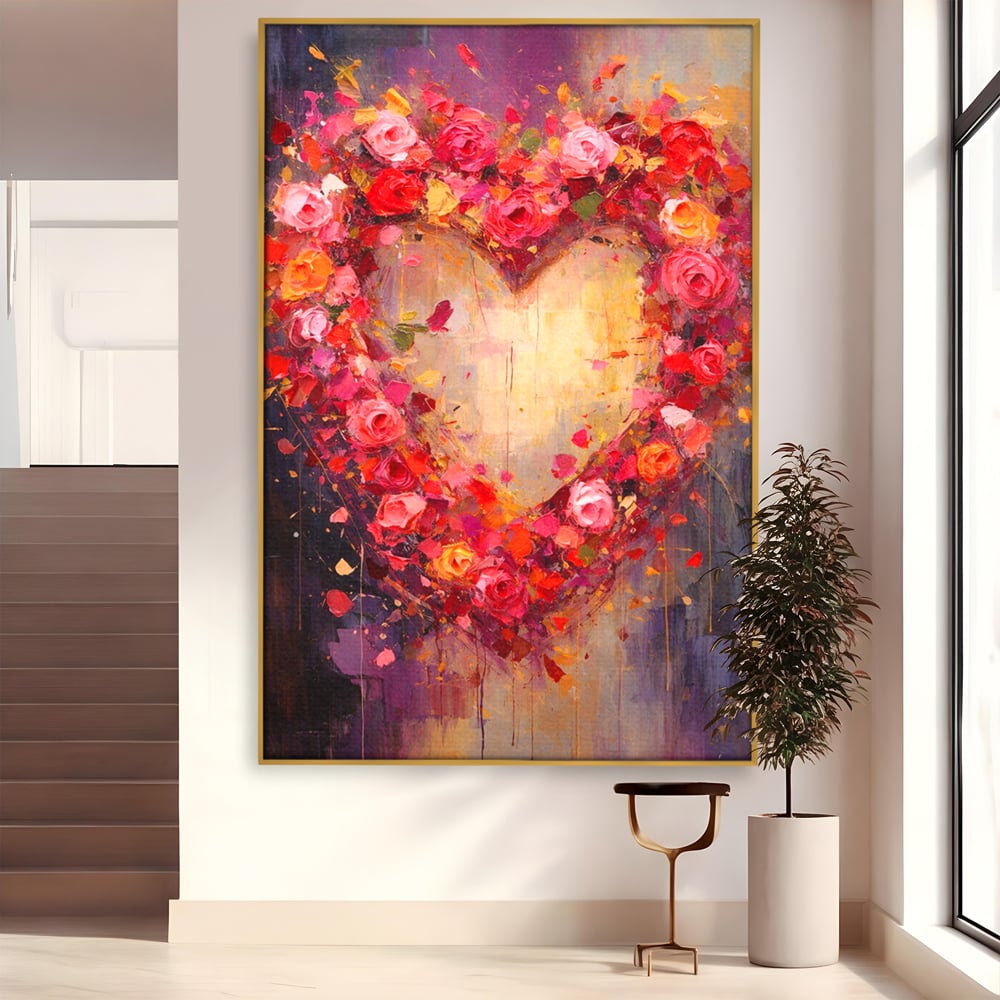 Tablou canvas cu pictura verticala cu inima din trandafiri, in rama de aluminiu auriu
