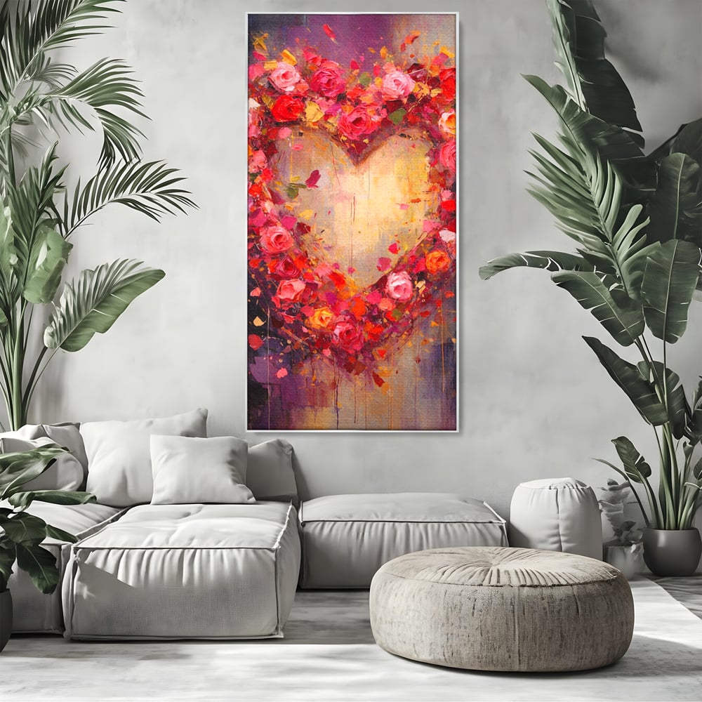 Tablou canvas cu pictura verticala cu inima din trandafiri, in rama de aluminiu argintiu, pe perete intr-un living