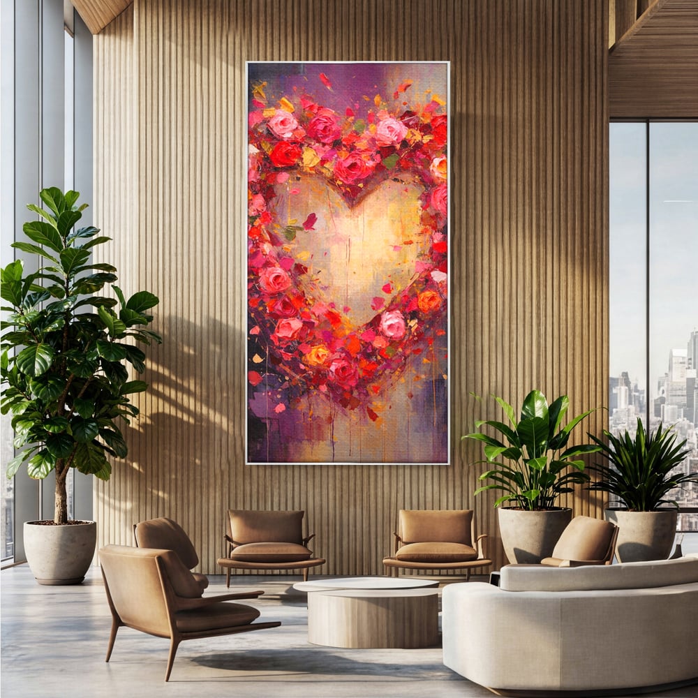 Tablou canvas cu pictura verticala cu inima din trandafiri, in rama de aluminiu argintiu, pe perete intr-un birou
