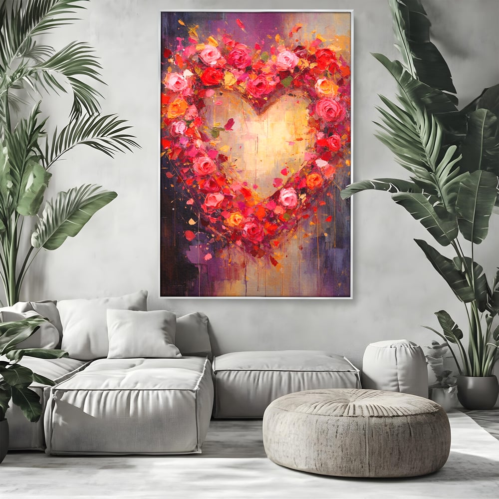 Tablou canvas cu pictura verticala cu inima din trandafiri, in rama de aluminiu argintiu, pe perete intr-un living