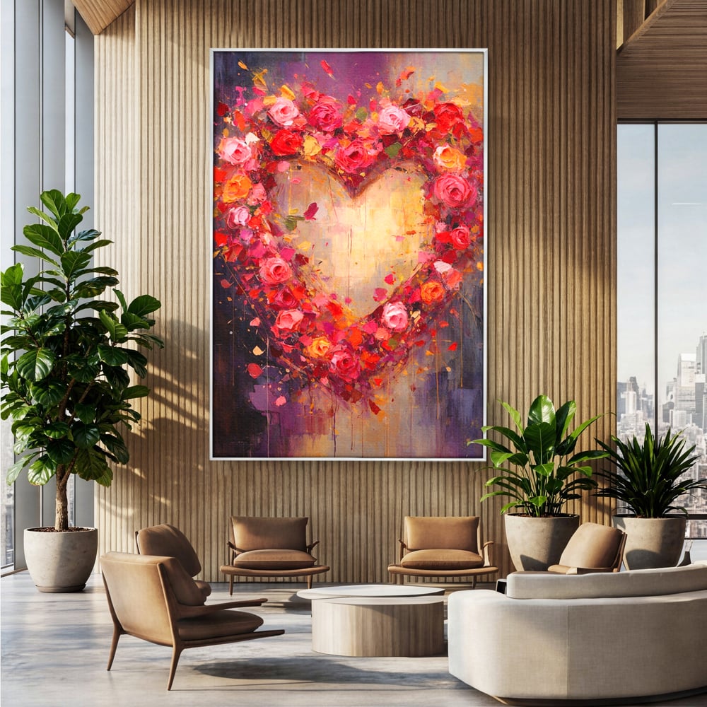 Tablou canvas cu pictura verticala cu inima din trandafiri, in rama de aluminiu argintiu, pe perete intr-un birou
