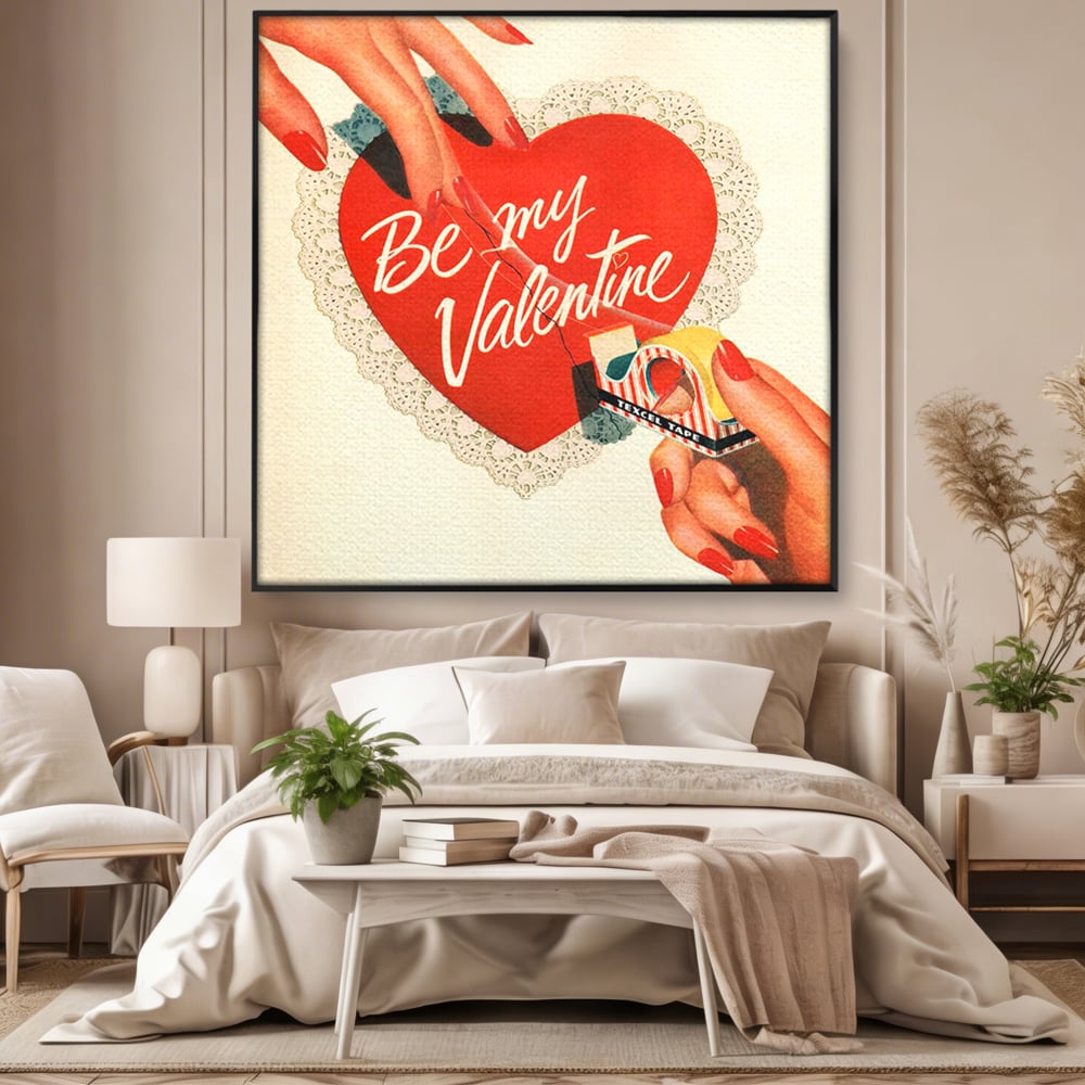 Tablou canvas cu ilustratie retro cu maini si inima, in rama de aluminiu negru, pe perete intr-un dormitor