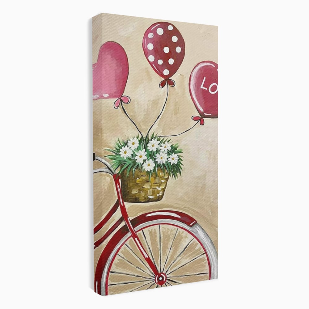 Tablou canvas cu pictura cu bicicleta vintage si baloane, fara rama, pe sasiu de lemn