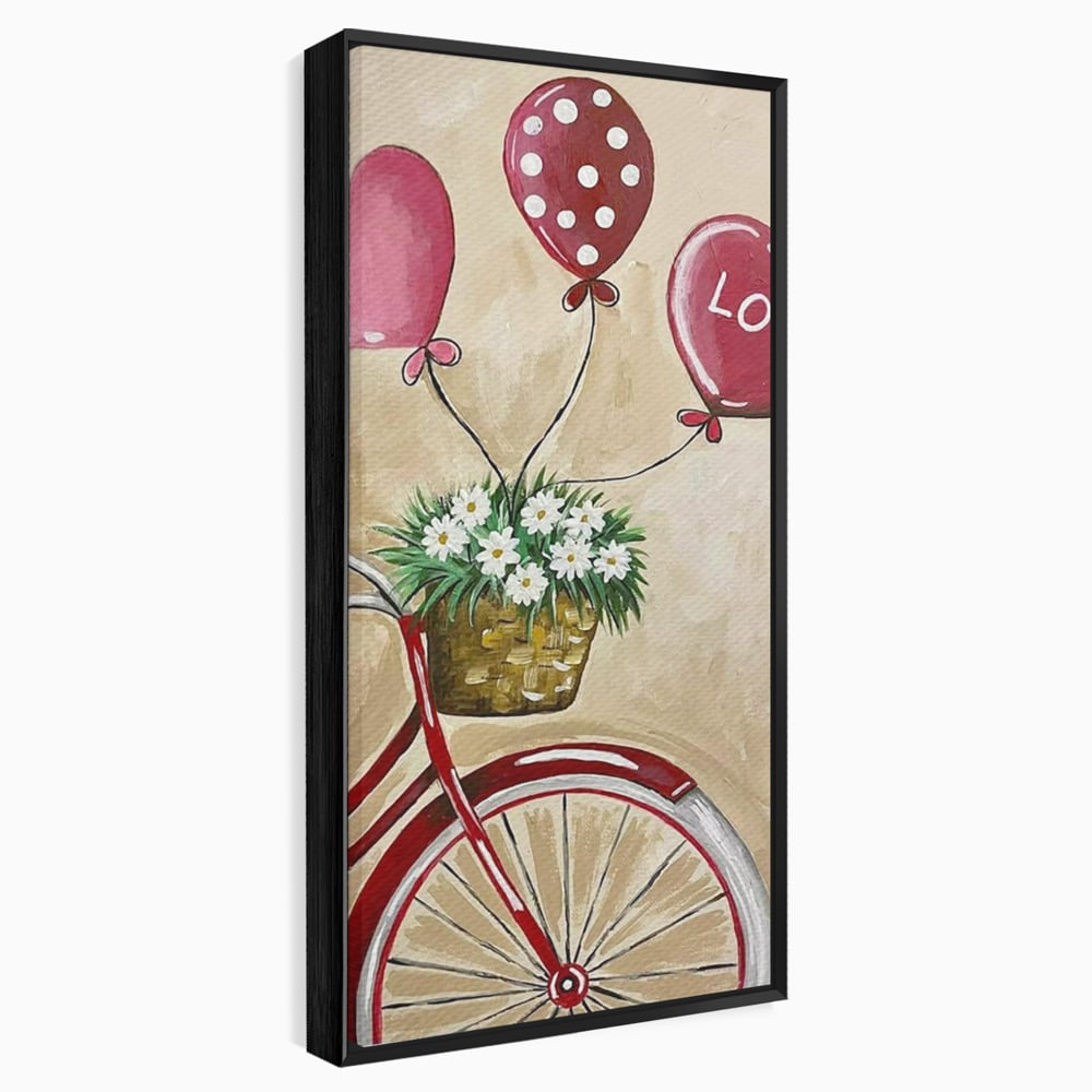 Tablou canvas cu pictura cu bicicleta vintage si baloane, in rama de aluminiu negru