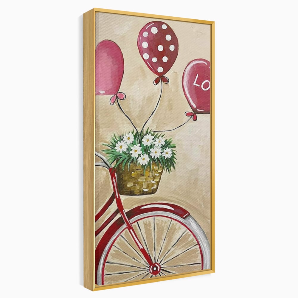 Tablou canvas cu pictura cu bicicleta vintage si baloane, in rama de aluminiu auriu