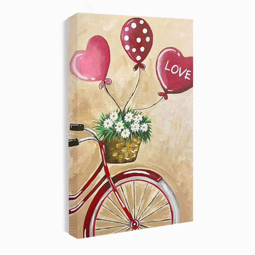 Tablou canvas cu pictura cu bicicleta vintage si baloane, fara rama, pe sasiu de lemn