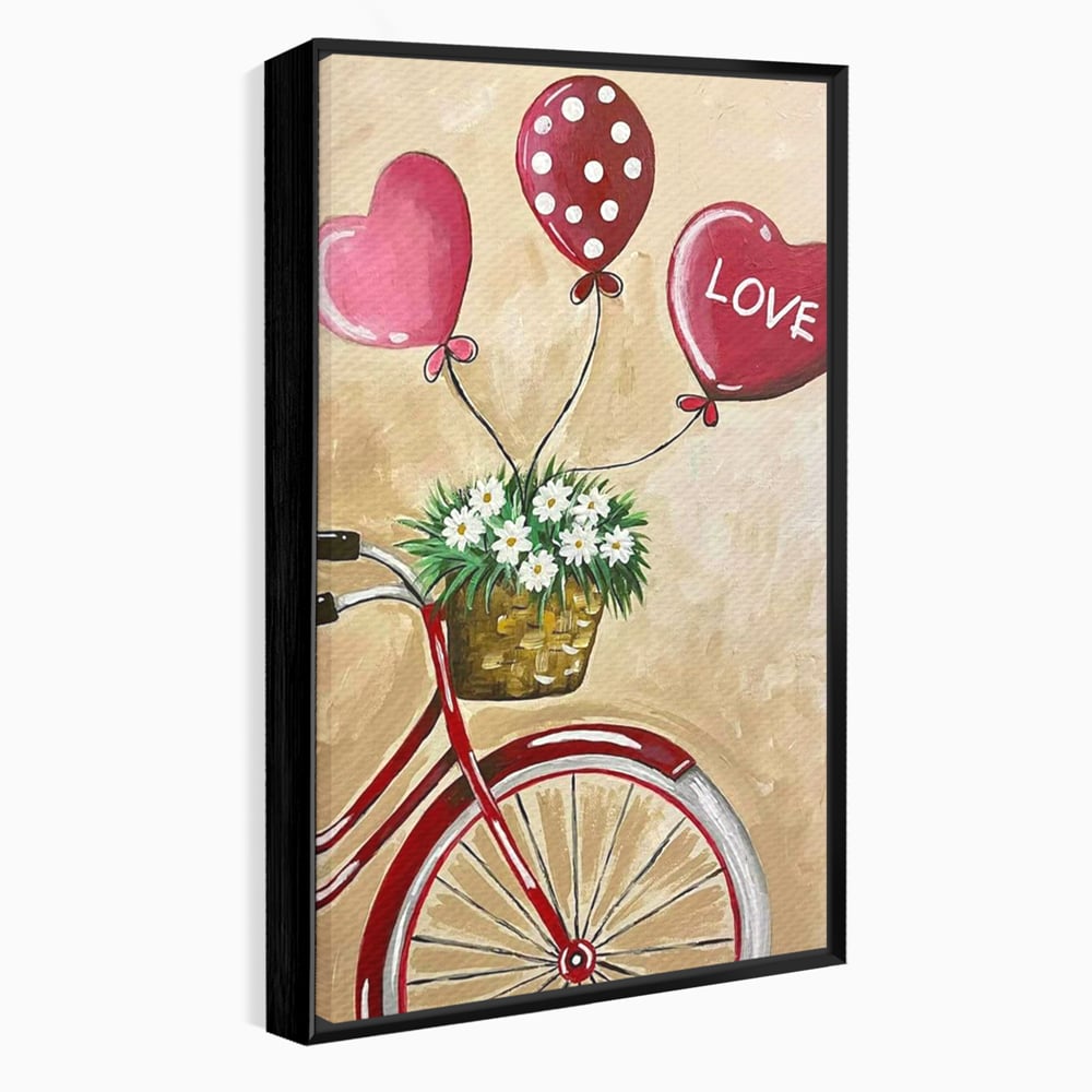 Tablou canvas cu pictura cu bicicleta vintage si baloane, in rama de aluminiu negru