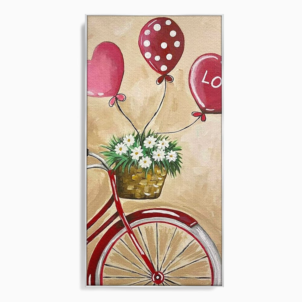 Tablou canvas cu pictura cu bicicleta vintage si baloane, in rama de aluminiu argintiu