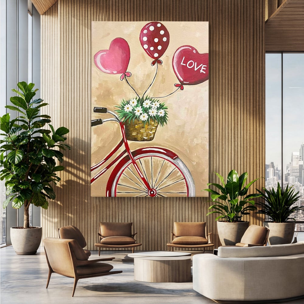 Tablou canvas cu pictura cu bicicleta vintage si baloane, fara rama, pe sasiu de lemn, pe perete intr-un birou