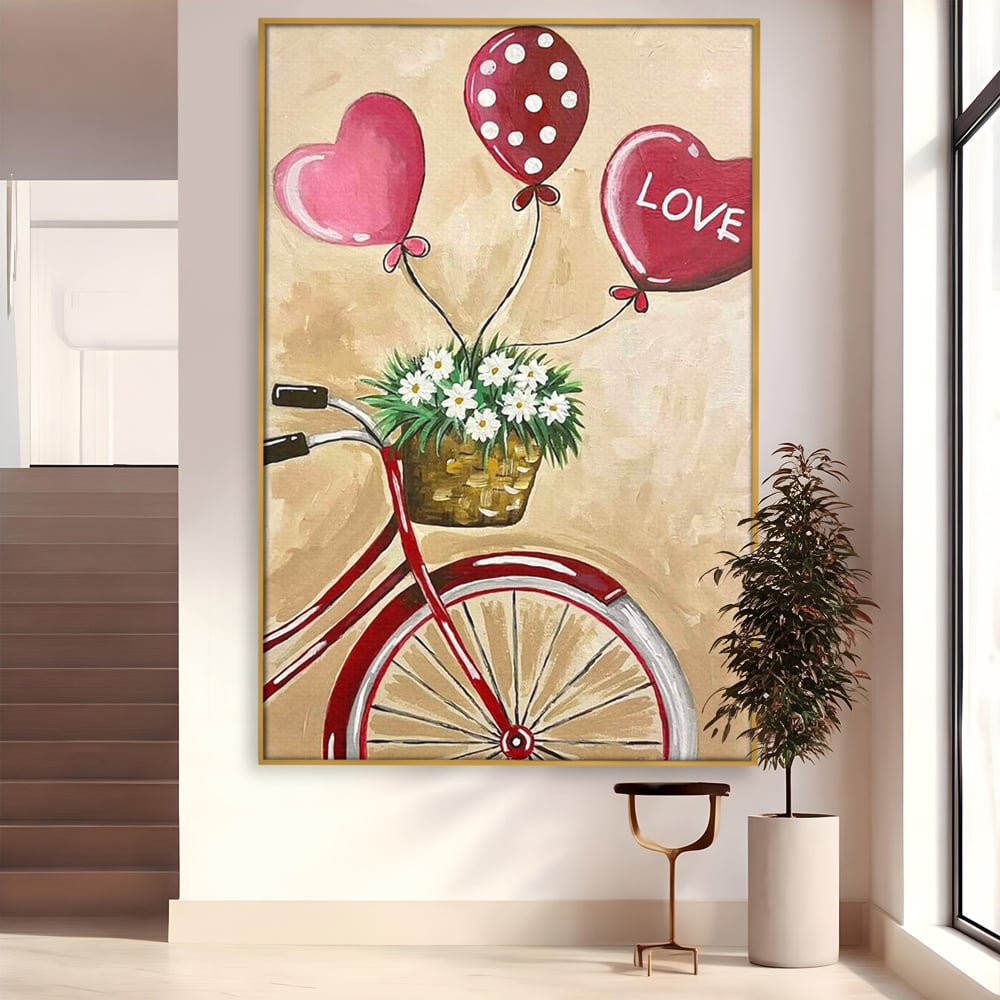 Tablou canvas cu pictura cu bicicleta vintage si baloane, in rama de aluminiu auriu