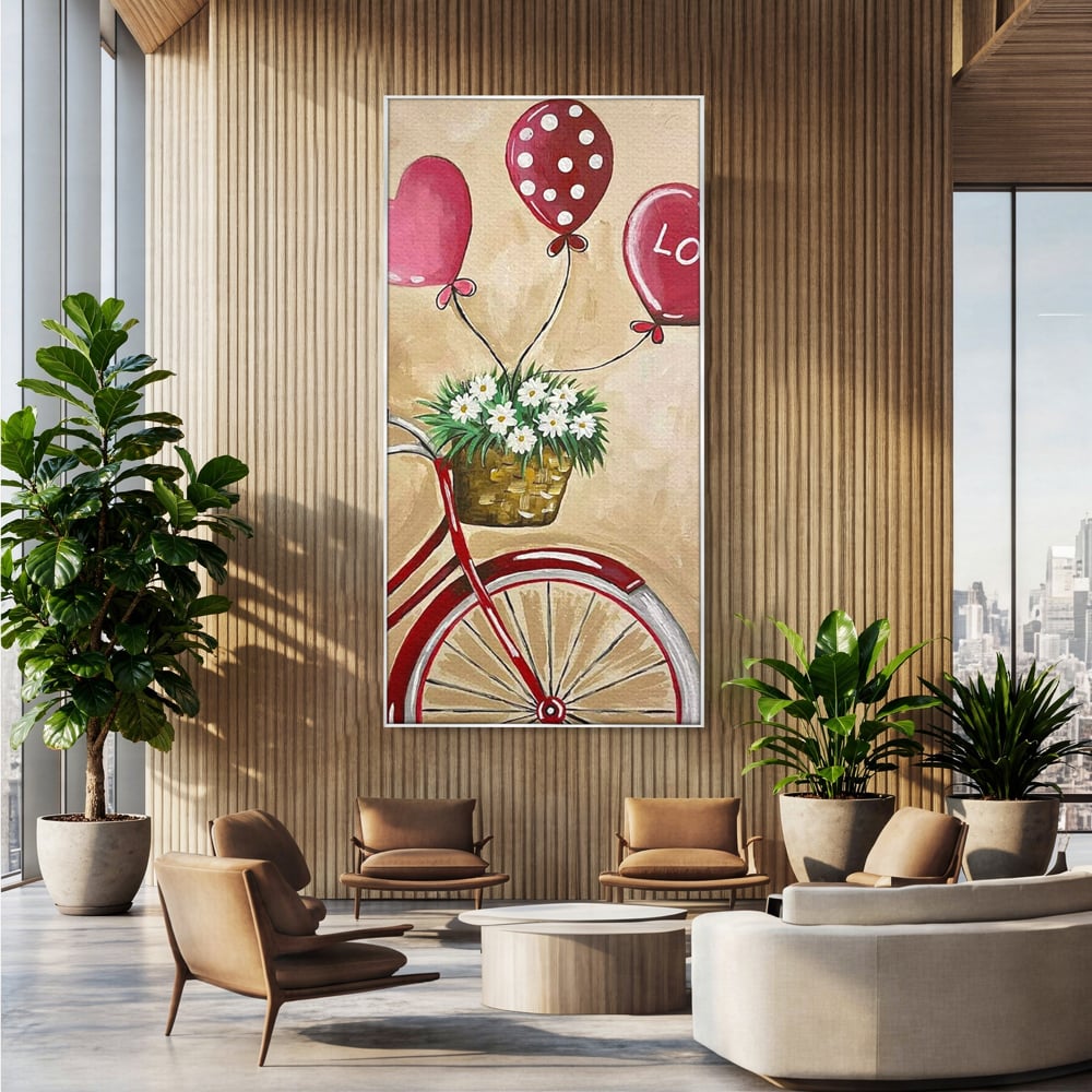 Tablou canvas cu pictura cu bicicleta vintage si baloane, in rama de aluminiu argintiu, pe perete intr-un birou
