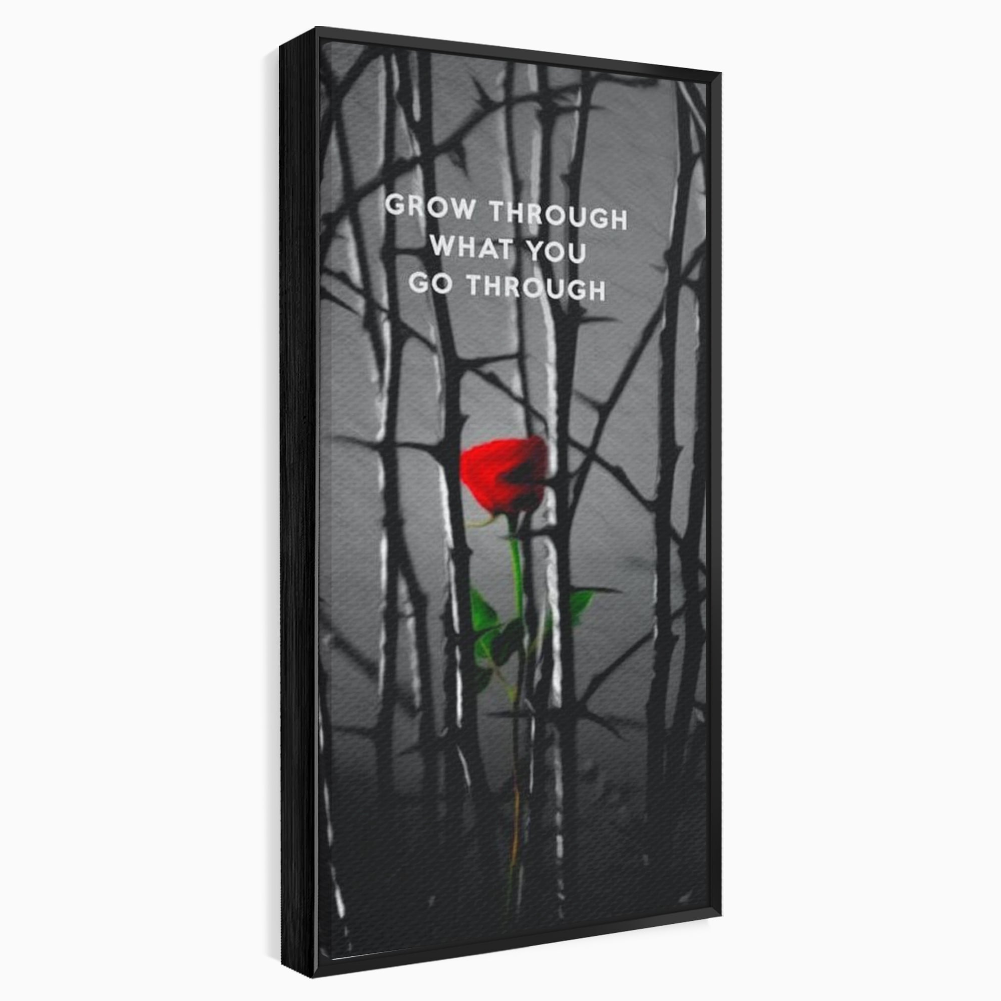Tablou canvas cu tablou motivational cu trandafir rosu si spini, in rama de aluminiu negru