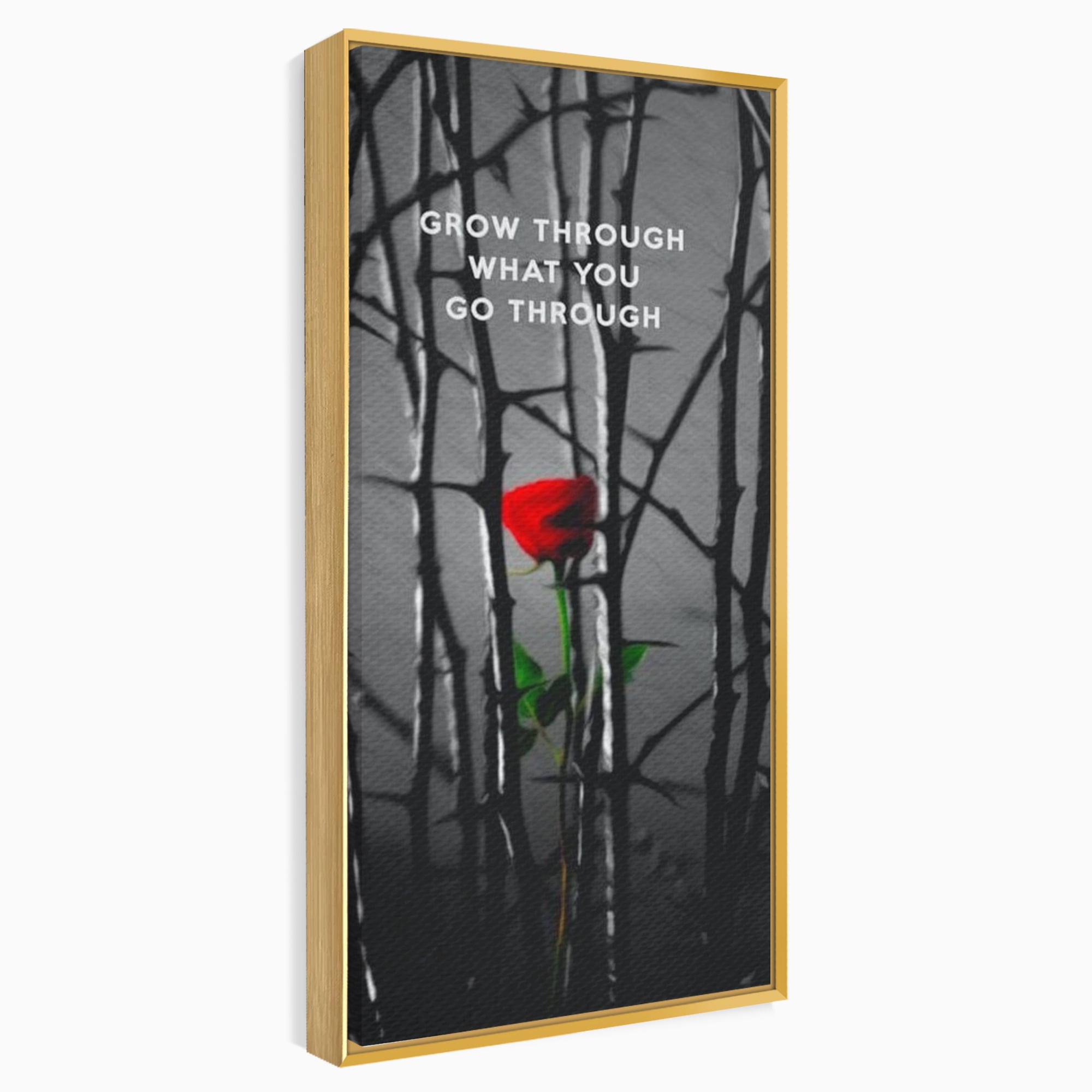 Tablou canvas cu tablou motivational cu trandafir rosu si spini, in rama de aluminiu auriu