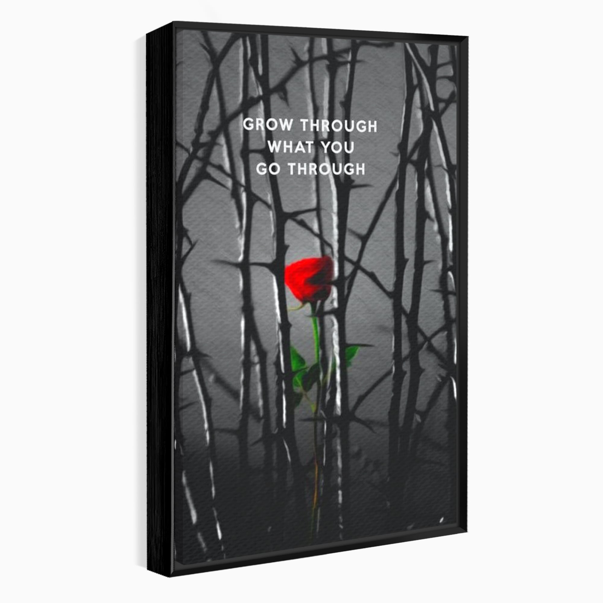 Tablou canvas cu tablou motivational cu trandafir rosu si spini, in rama de aluminiu negru