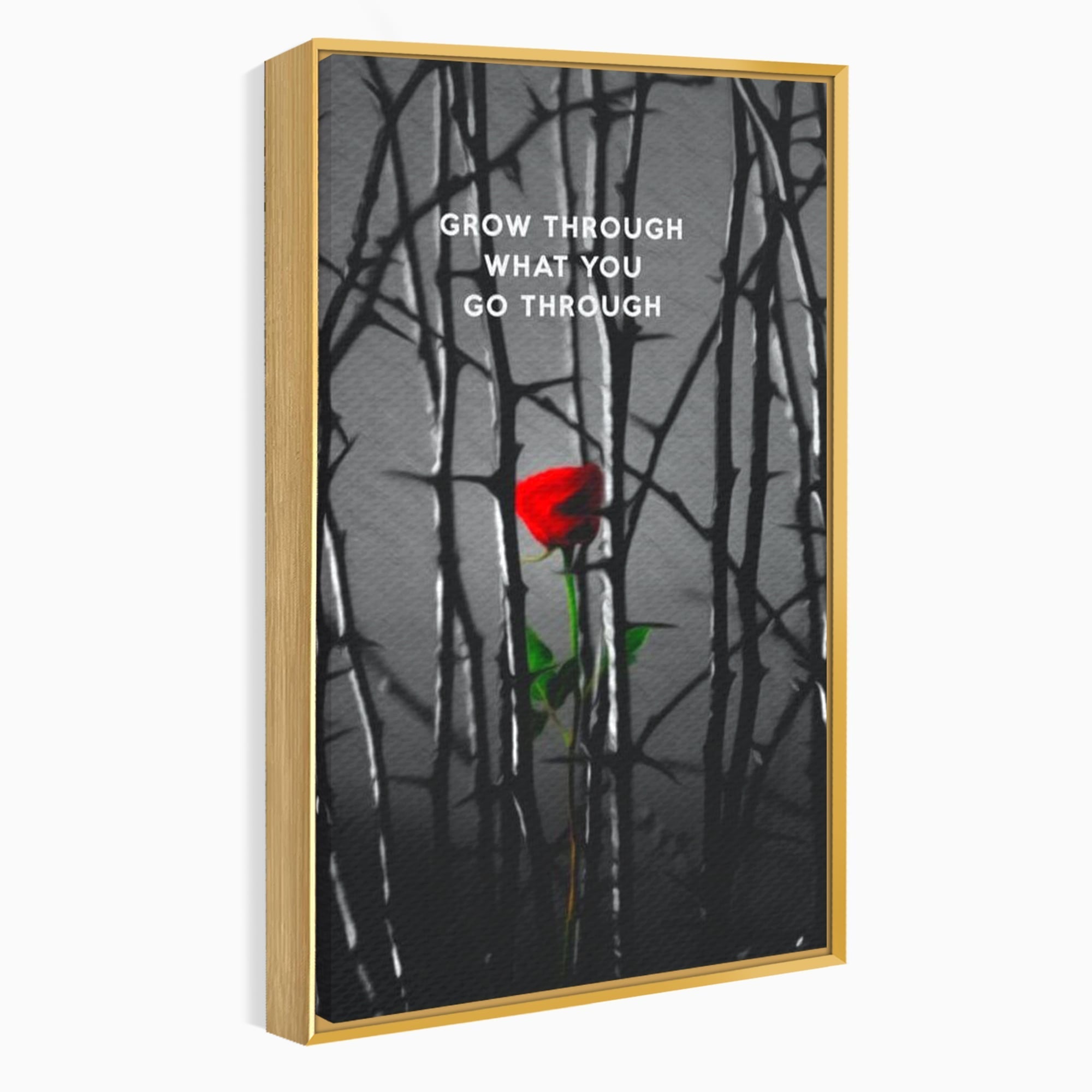 Tablou canvas cu tablou motivational cu trandafir rosu si spini, in rama de aluminiu auriu