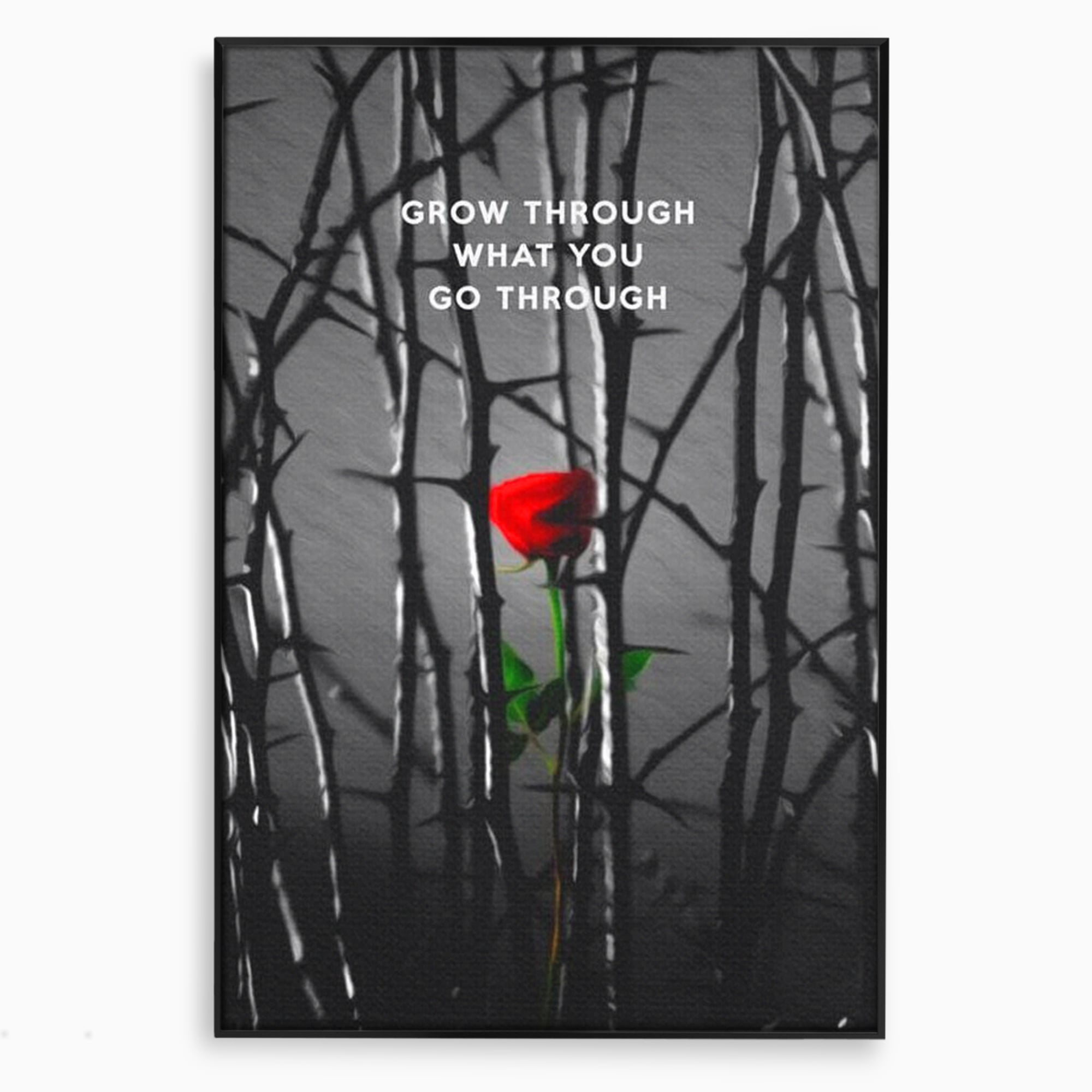 Tablou canvas cu tablou motivational cu trandafir rosu si spini, in rama de aluminiu negru