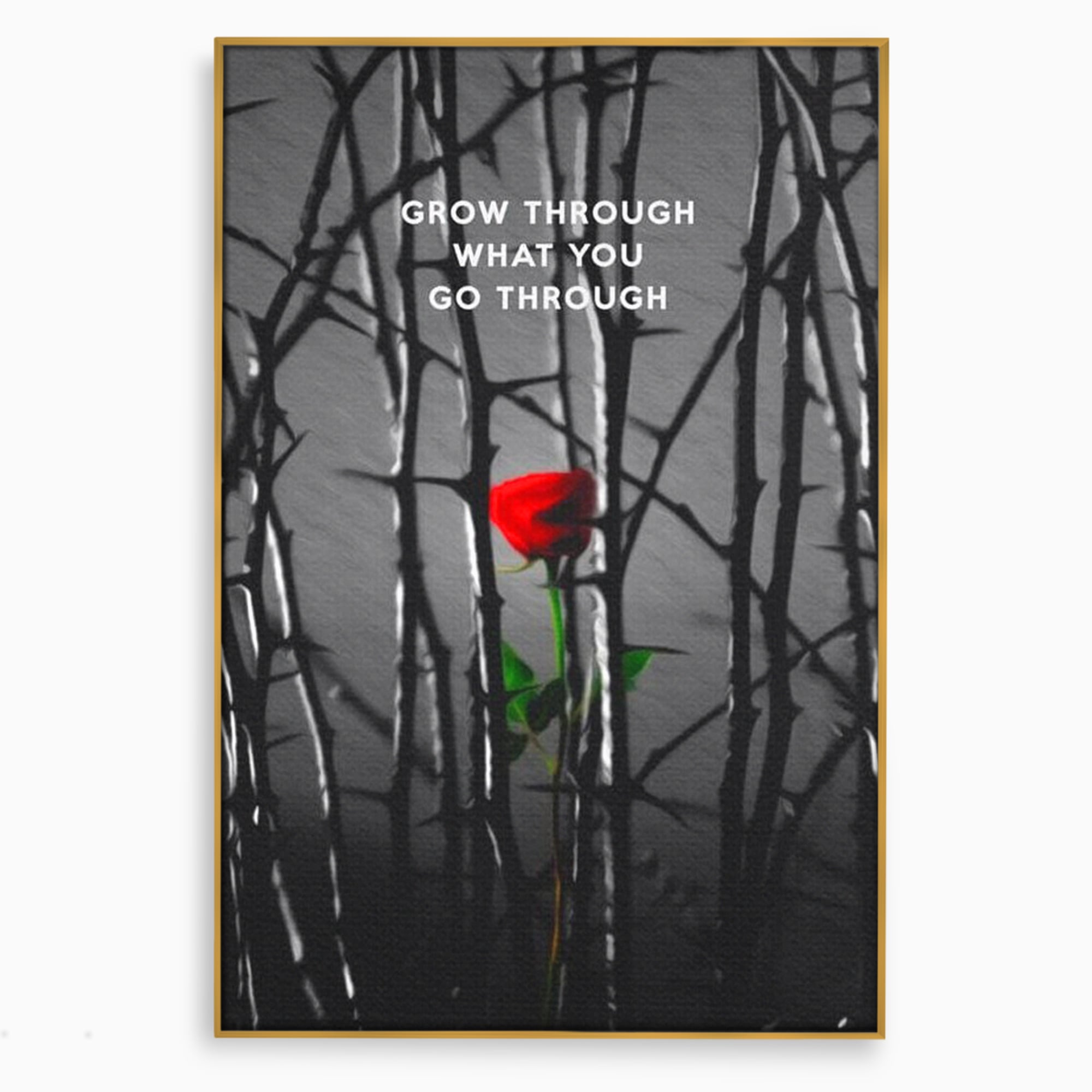 Tablou canvas cu tablou motivational cu trandafir rosu si spini, in rama de aluminiu auriu