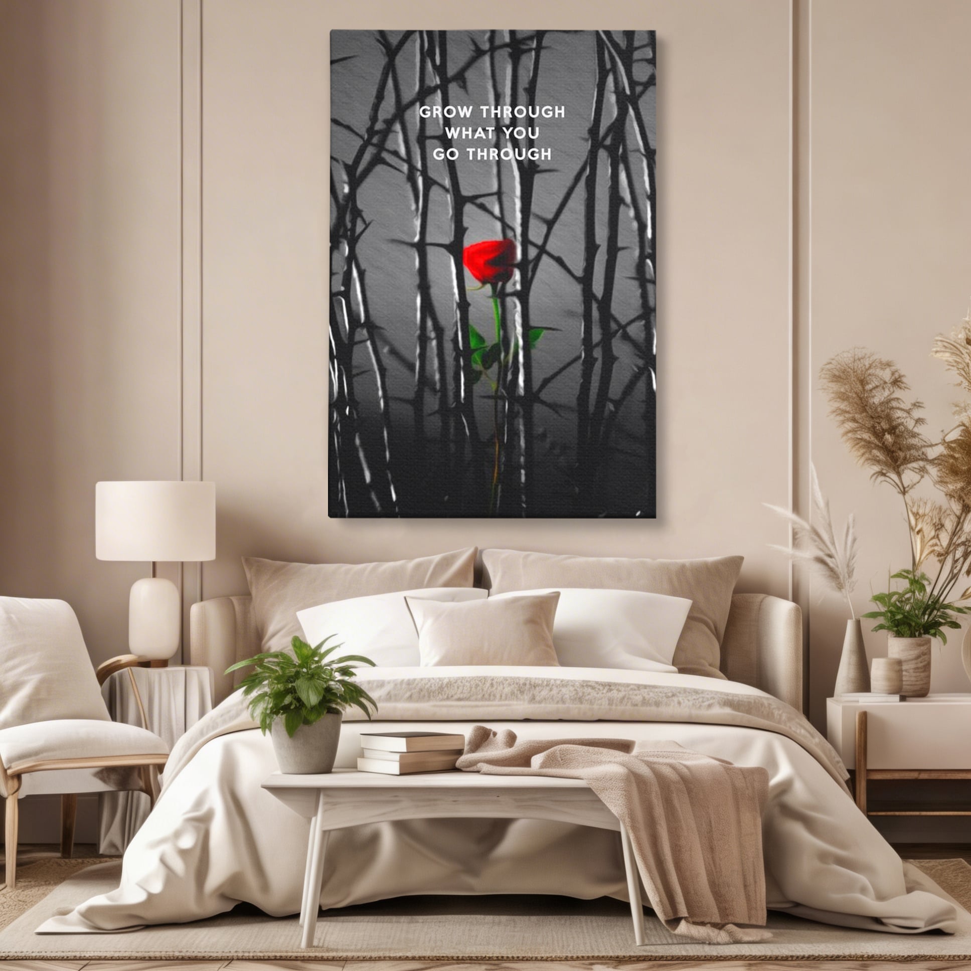 Tablou canvas cu tablou motivational cu trandafir rosu si spini, fara rama, pe sasiu de lemn, pe perete intr-un dormitor