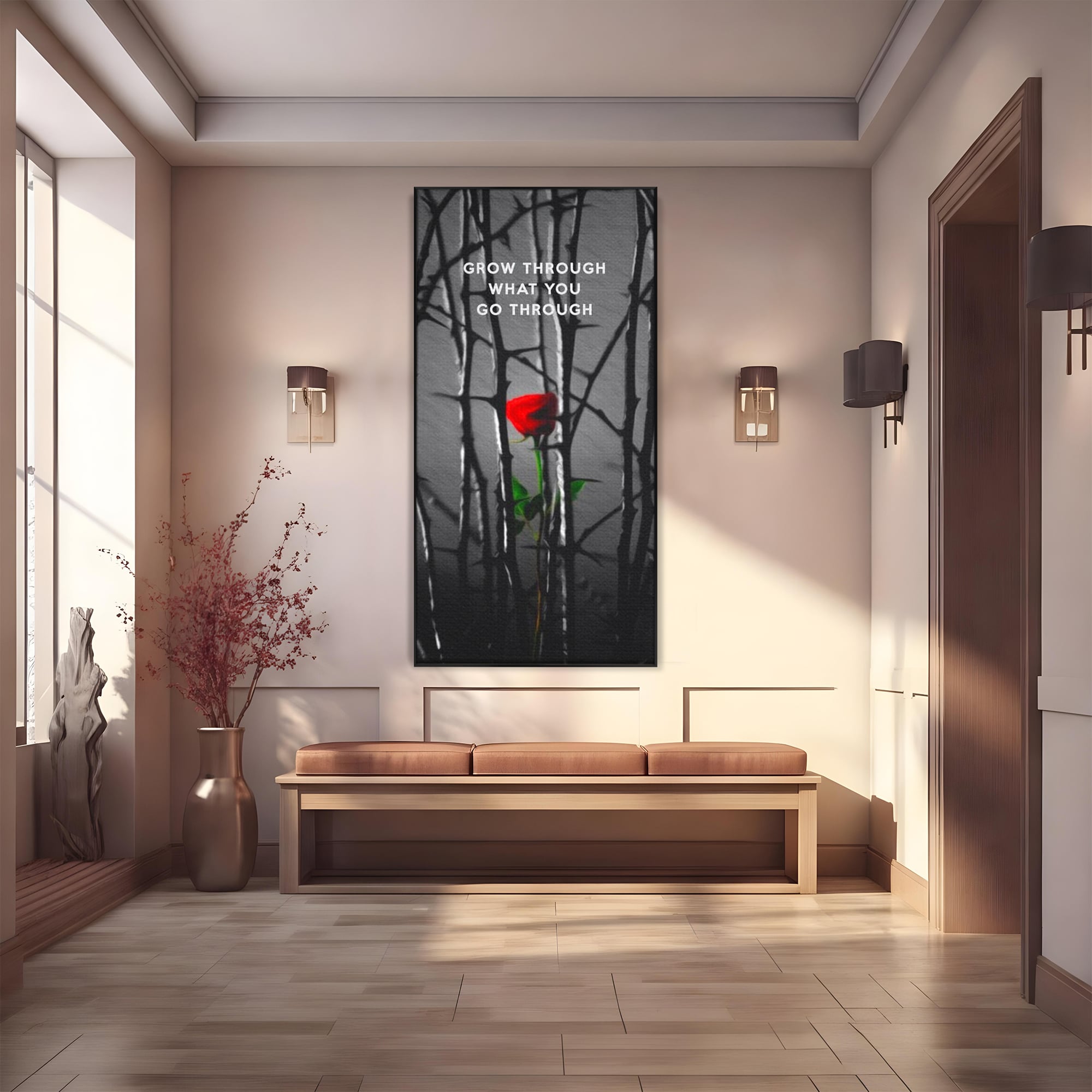 Tablou canvas cu tablou motivational cu trandafir rosu si spini, in rama de aluminiu negru
