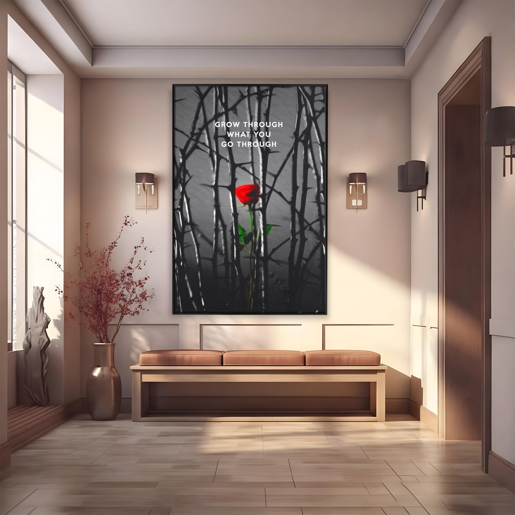 Tablou canvas cu tablou motivational cu trandafir rosu si spini, in rama de aluminiu negru