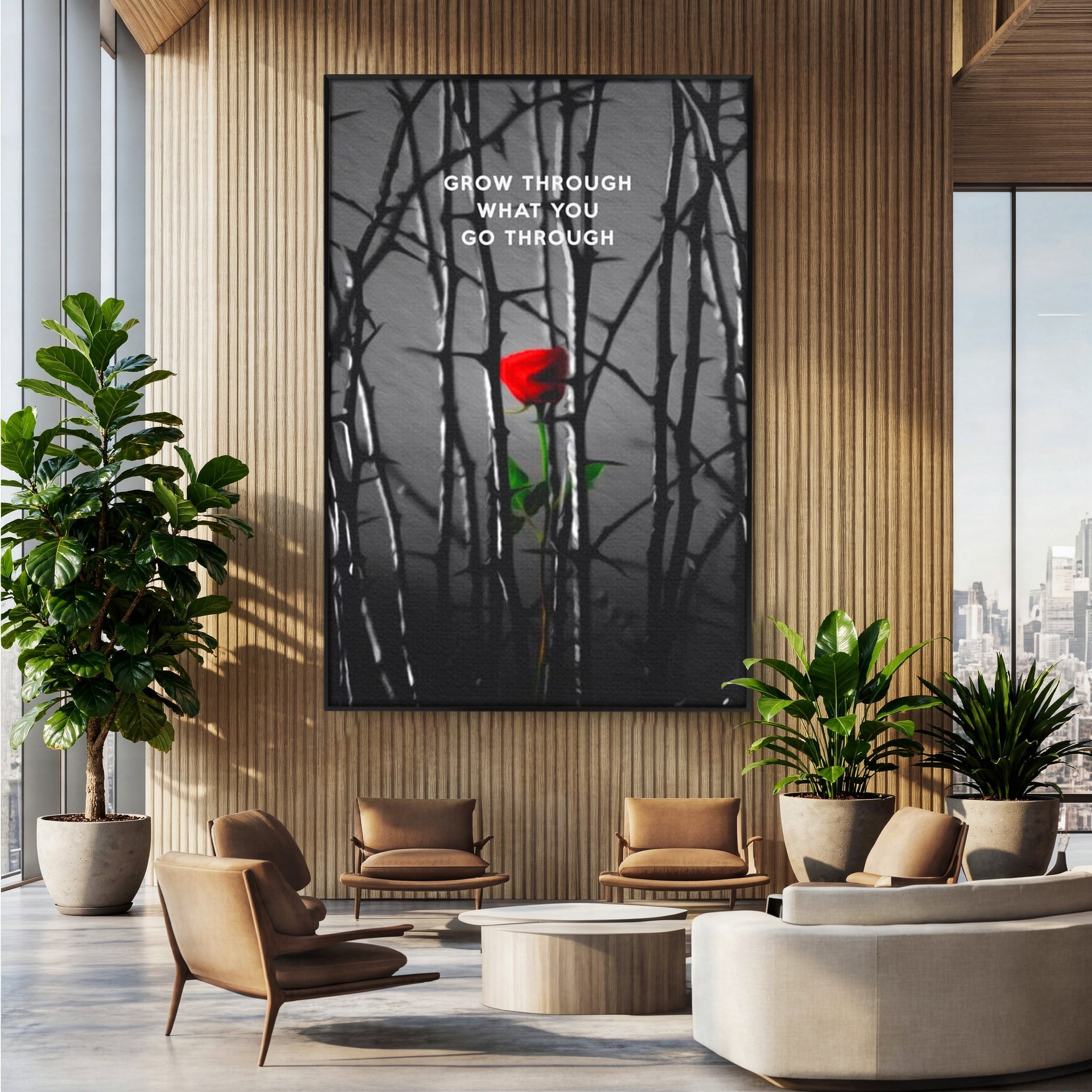 Tablou canvas cu tablou motivational cu trandafir rosu si spini, in rama de aluminiu negru, pe perete intr-un birou