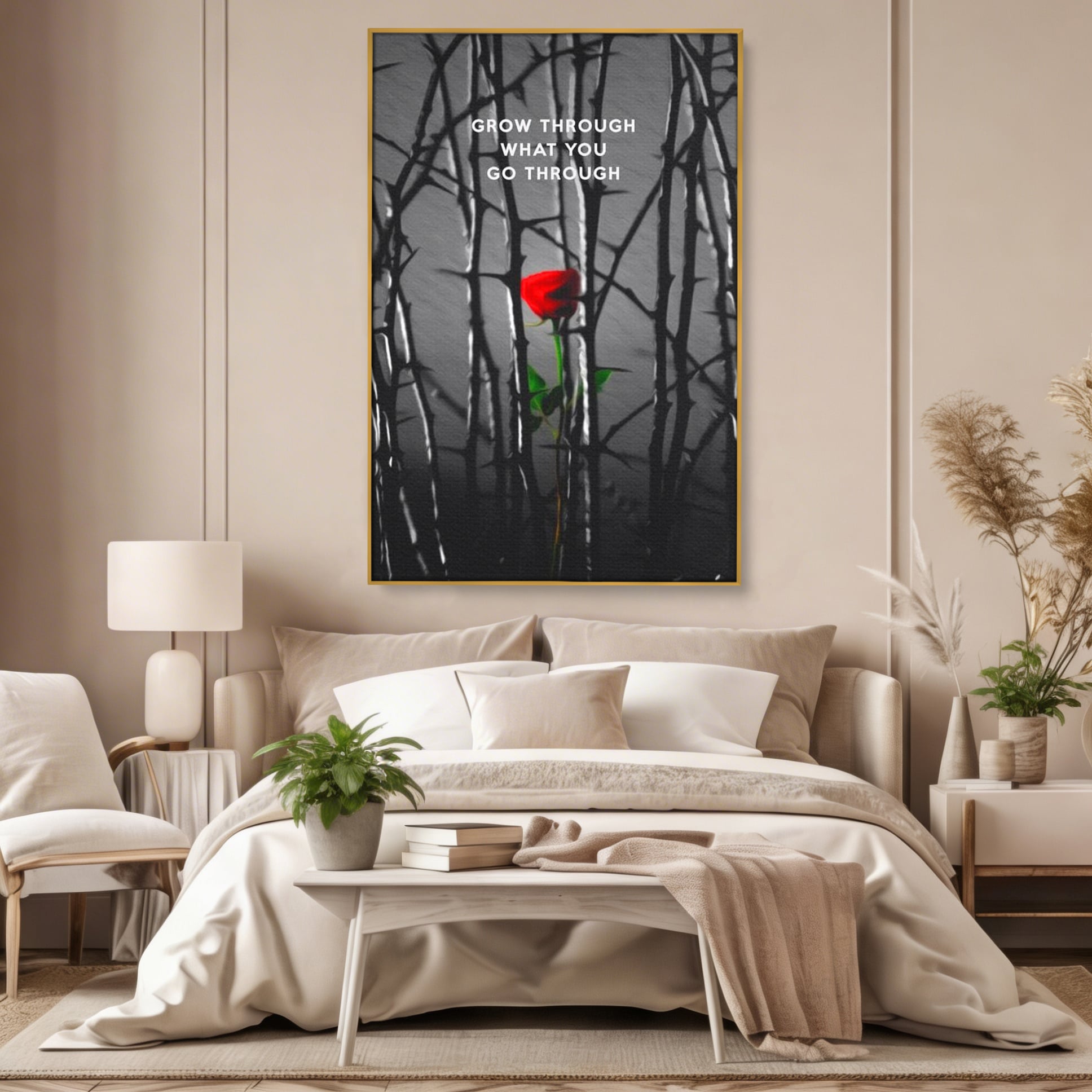 Tablou canvas cu tablou motivational cu trandafir rosu si spini, in rama de aluminiu auriu, pe perete intr-un dormitor