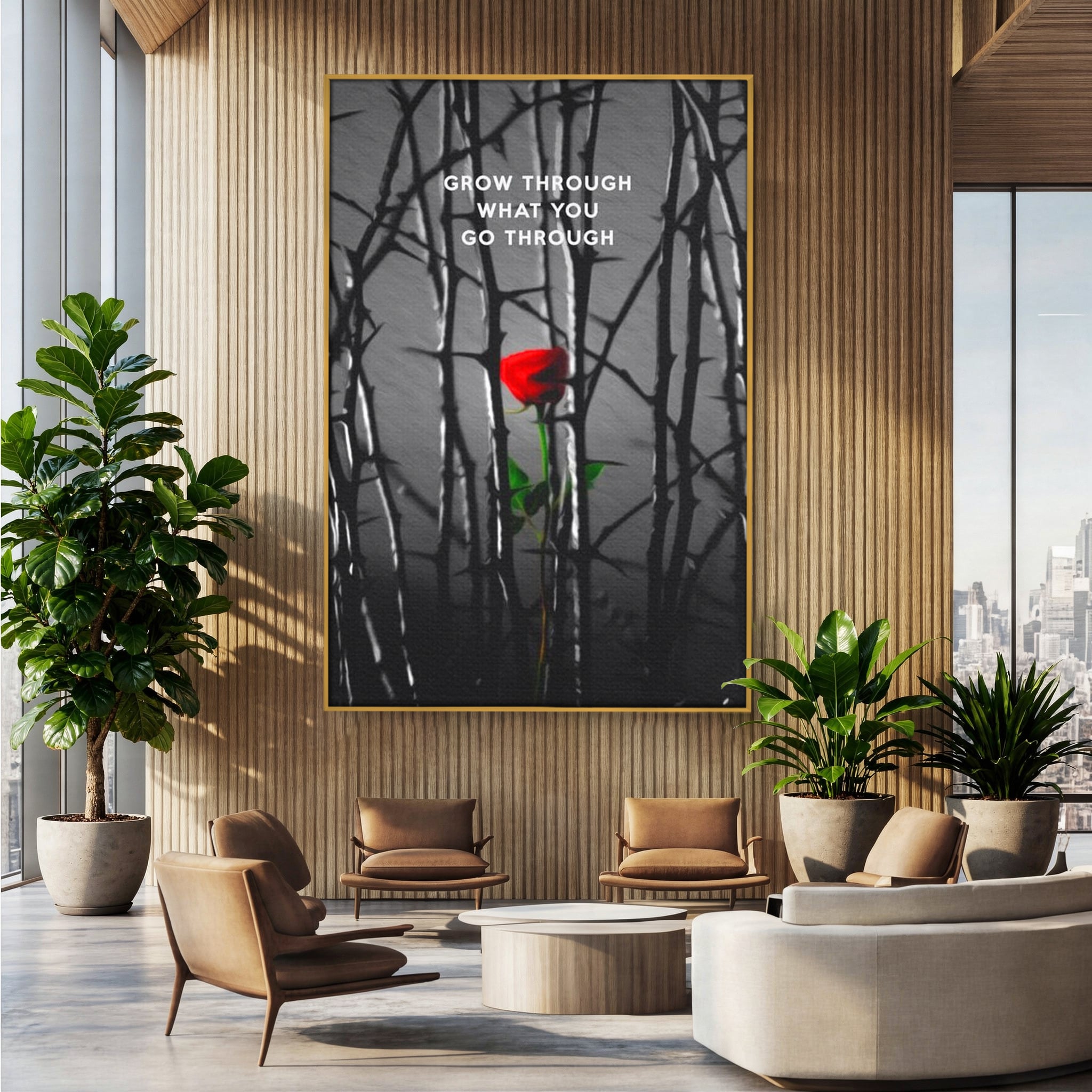 Tablou canvas cu tablou motivational cu trandafir rosu si spini, in rama de aluminiu auriu, pe perete intr-un birou