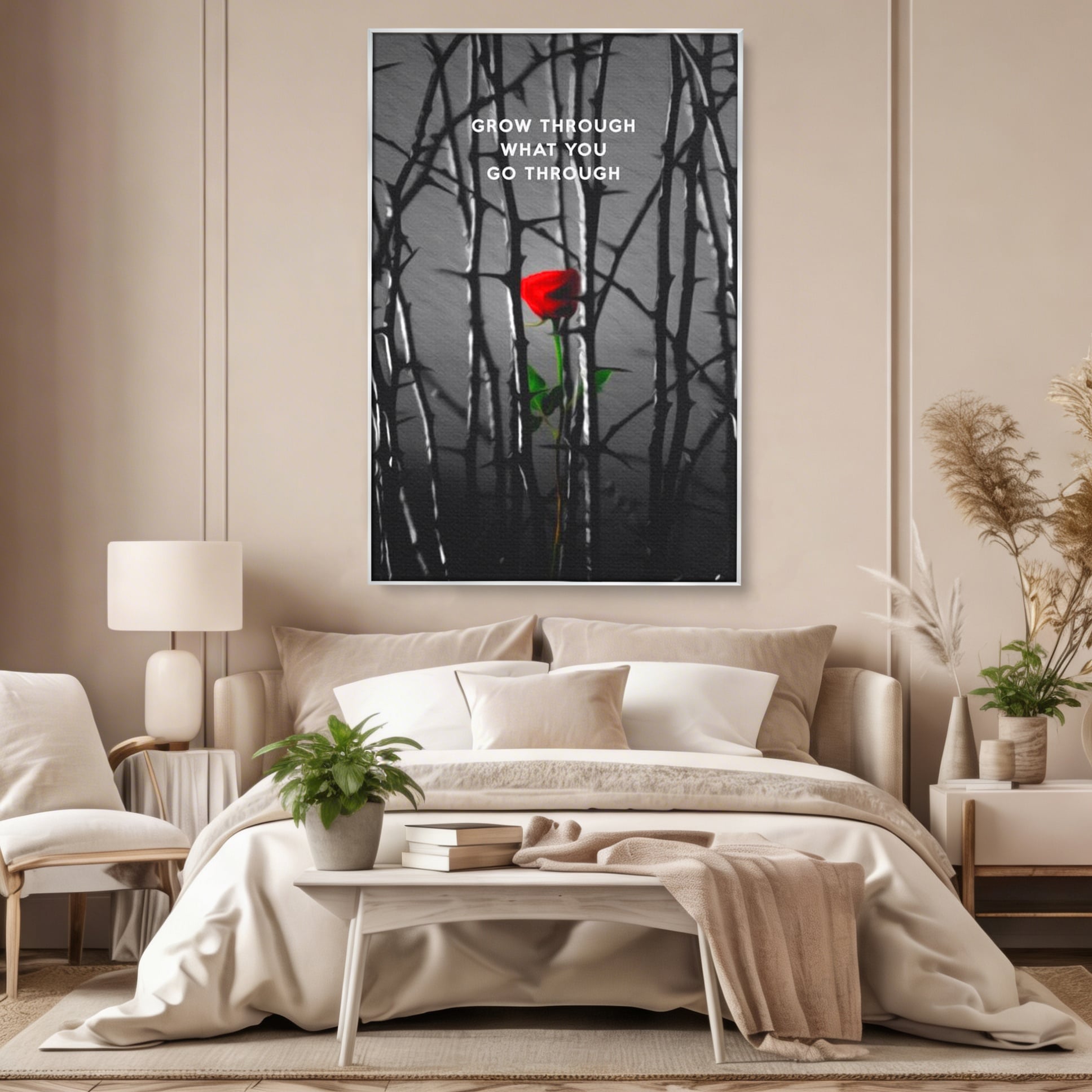 Tablou canvas cu tablou motivational cu trandafir rosu si spini, in rama de aluminiu argintiu, pe perete intr-un dormitor
